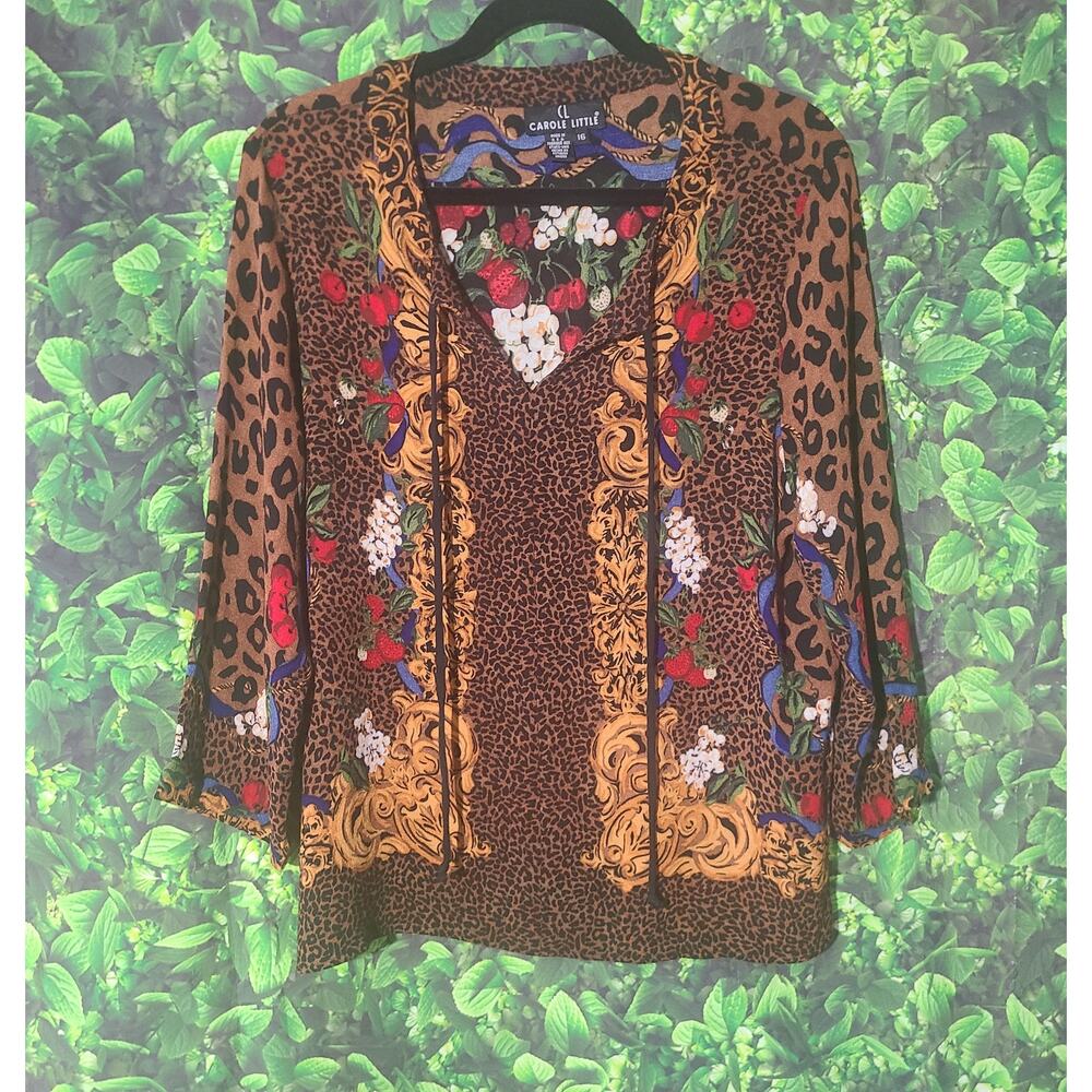 Vintage Carole Little Leopard Baroque Floral & Fruit Print Boho Blouse Top 16